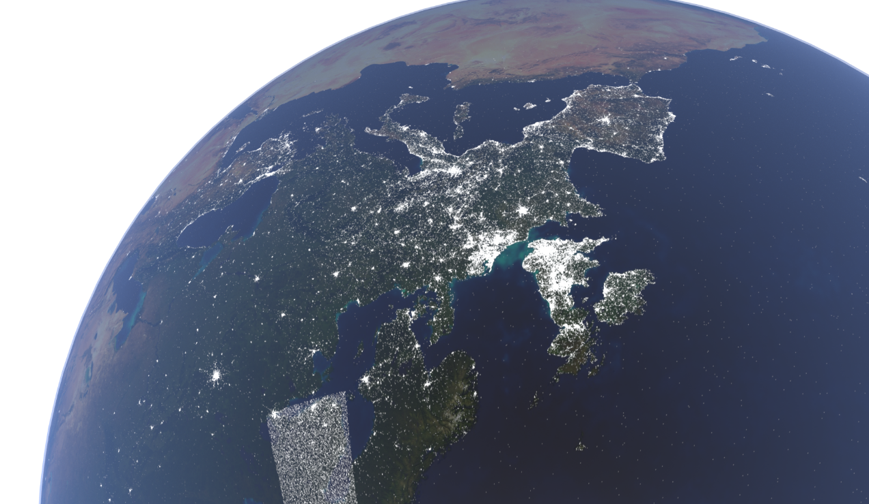 Social media combined with satellite data over Europe rendered using RayTracing and physical materials